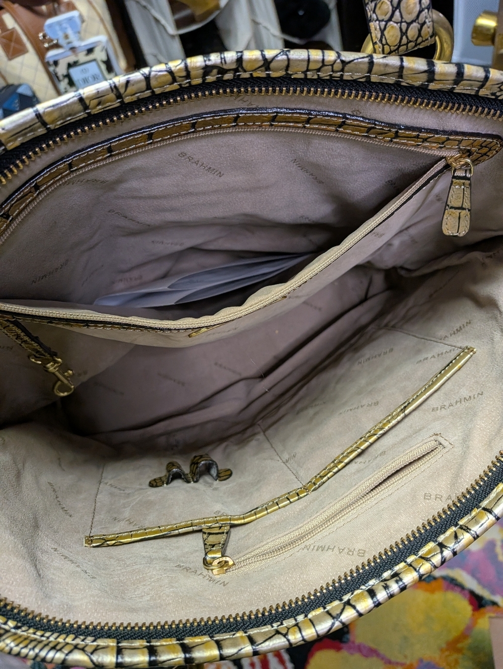 Brahmin Gold and Black Croc-Embossed Leather Tote with Tassel - Picture 4 of 5